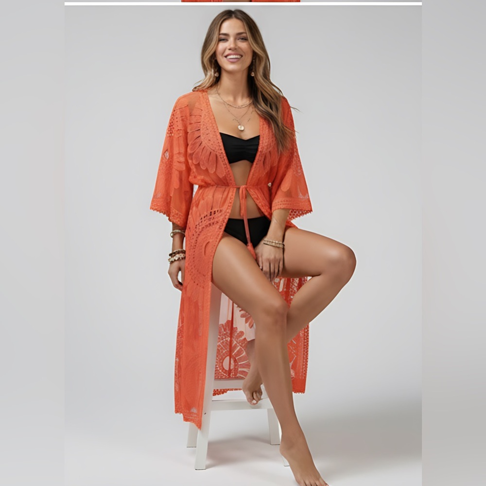 Kimono Cover Up With Cropped Sleeves Coral Orange - Picture 3 of 7